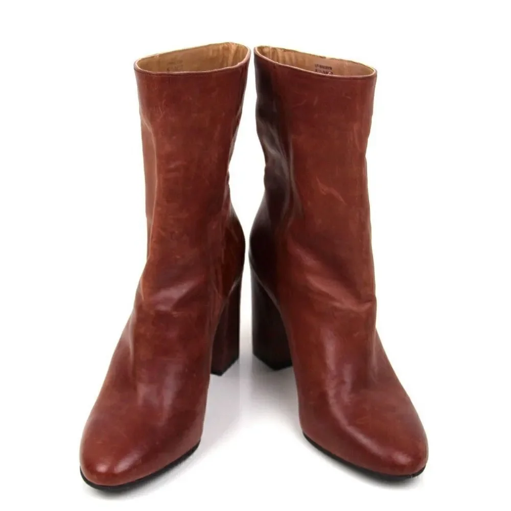 LUCKY BRAND BROWN GENUINE LEATHER MID HEEL ROUND TOE ANKLE BOOTS SHOES Sz 6.5M